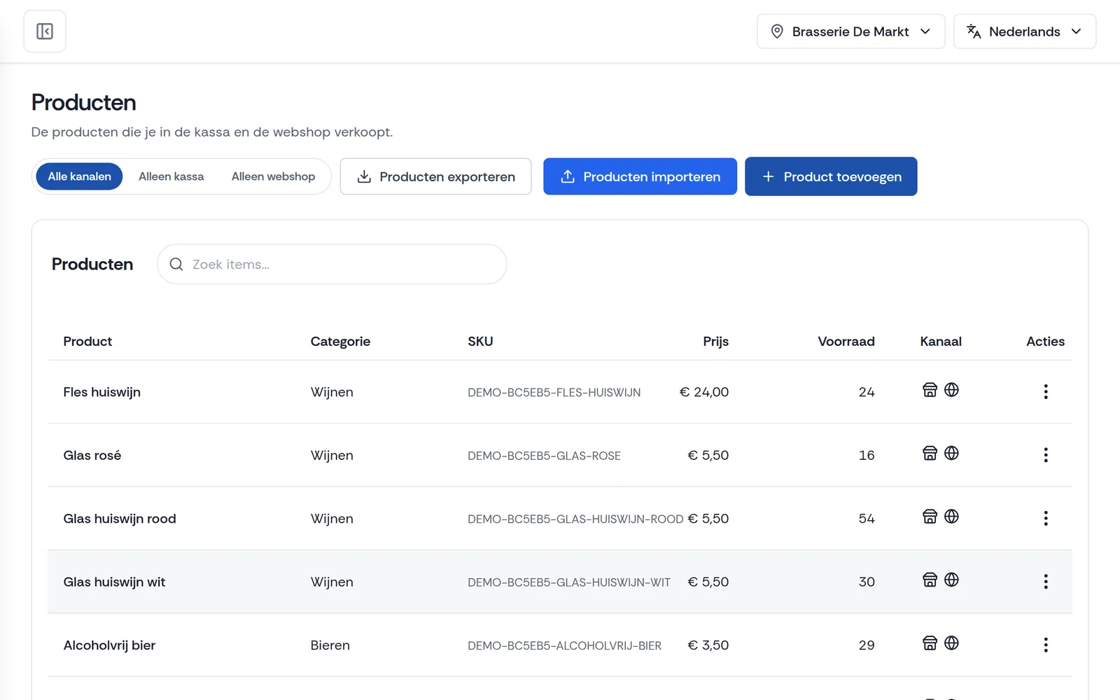 Productenlijst in het Payli-dashboard