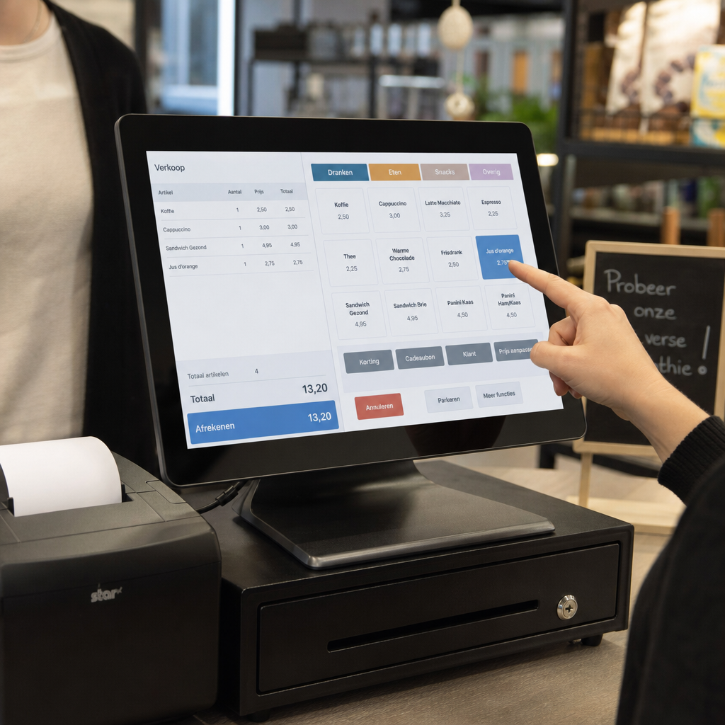 Een modern touchscreen kassasysteem in gebruik