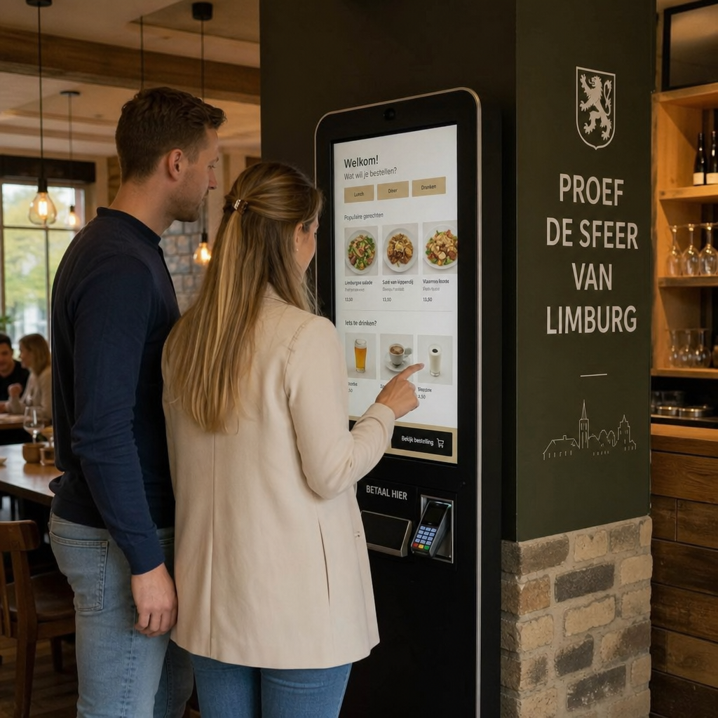 Gasten bestellen bij een moderne bestelzuil in een horecazaak
