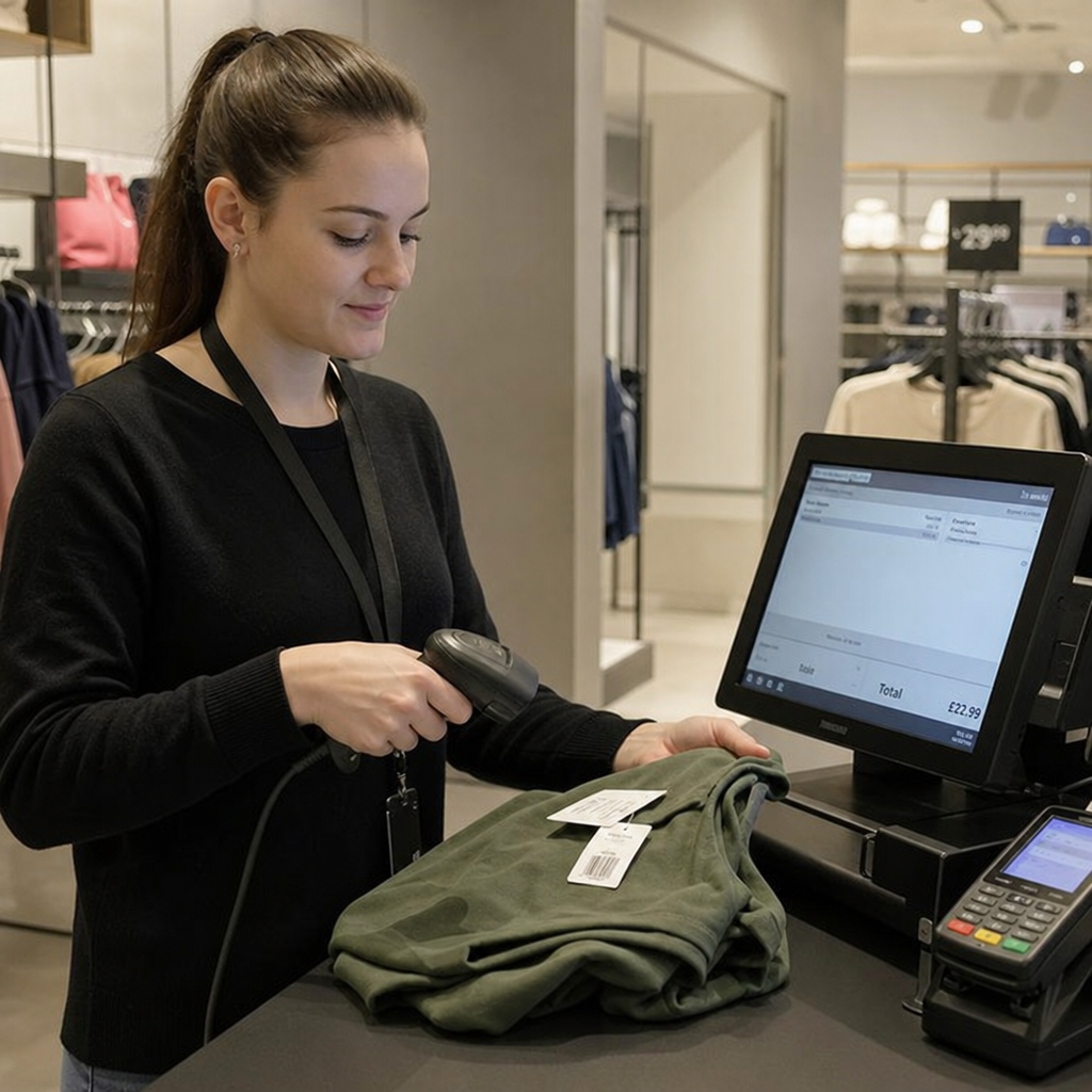 medewerker scant kledingartikel bij moderne winkelkassa