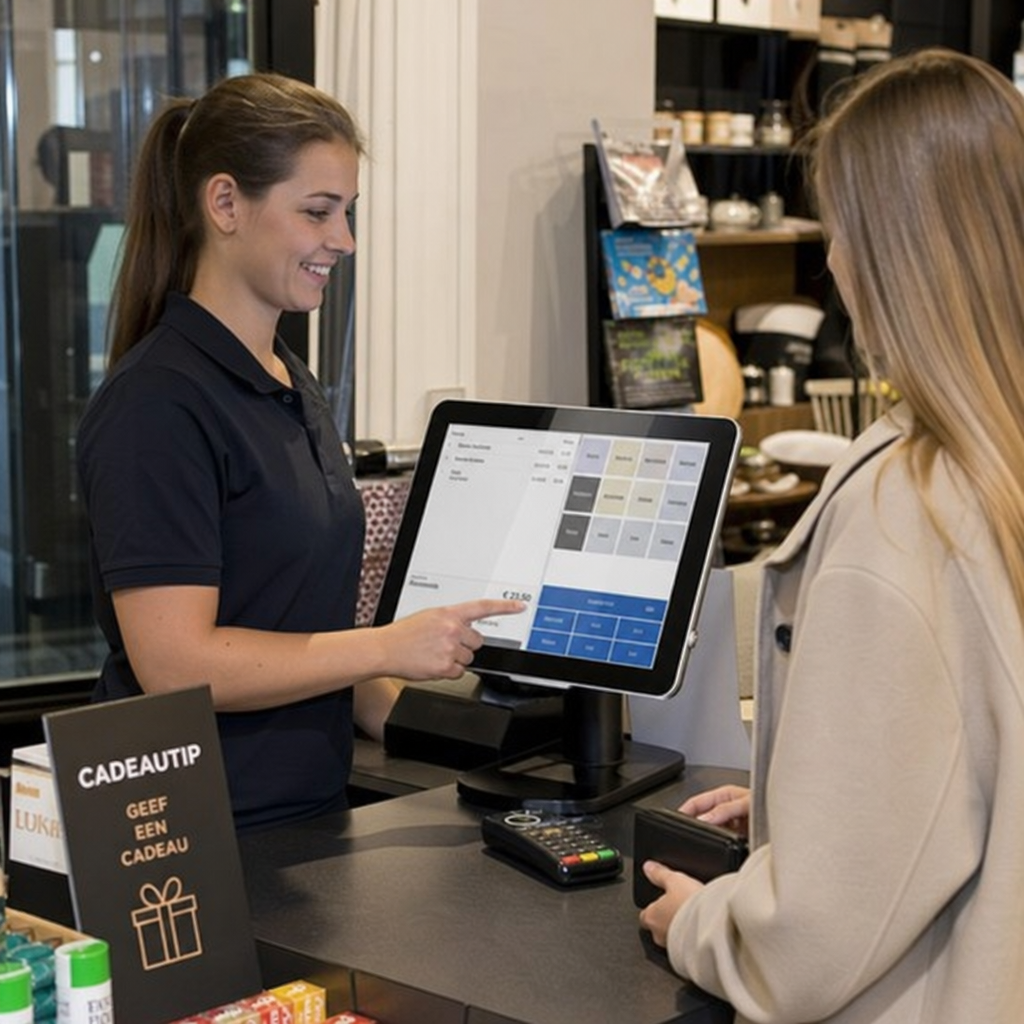 medewerker rekent klant af met modern touchscreen kassasysteem
