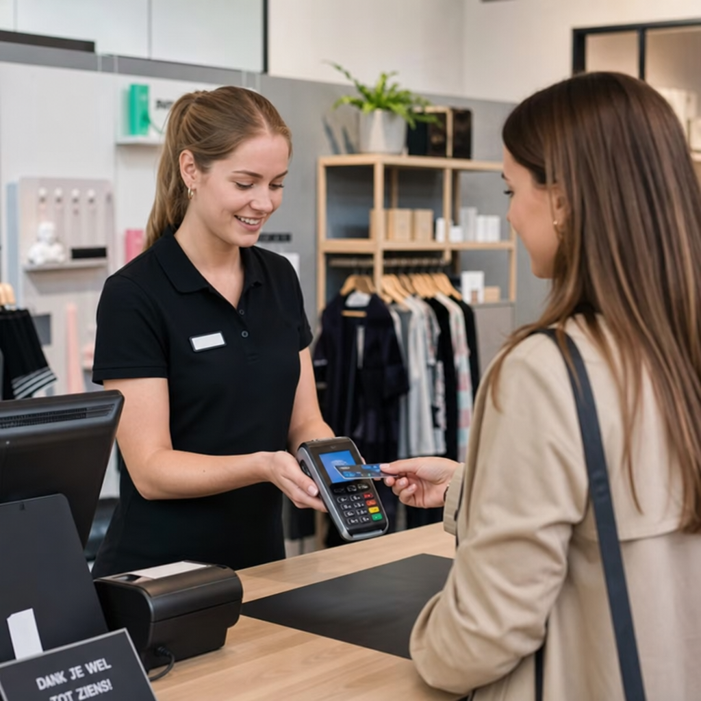 winkelmedewerker helpt klant afrekenen met moderne pinautomaat